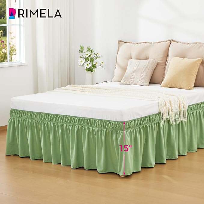 RIMELA Light Green Bed Skirt Twin Size 15 Inch Drop, Elastic Bed Skirting for Adjustable Bed Base and Frame, Bedding Dust Ruffle Easy to Install, Hotel Quality Wrap Around Bedskirt