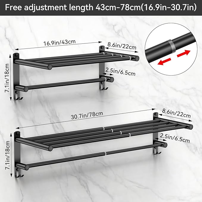 Black Adjustable Towel Bar for Bathroom Wall Mount17-30.7inch Adhesive Shower Towel Rack Stainless Steel Bath Towel Holders for Toilet Kitchen Double Towel Hanger (Black 2-Layer Towel Rack)