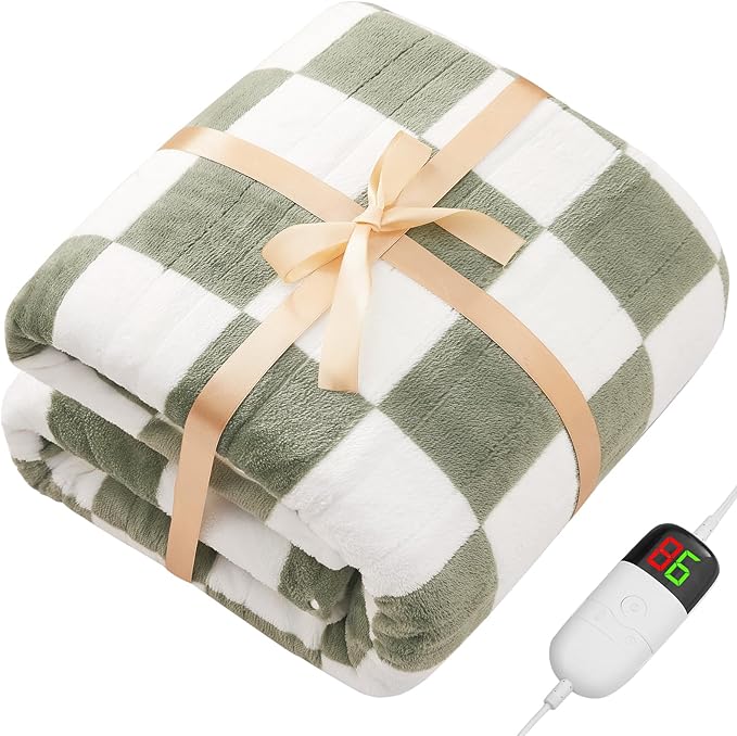 Sage Green Heated Blanket Electric Twin Size, 62X84 Heating Blanket with 10 Heat Levels & 8 Hours Auto Off, Checkered Plaid Soft Fleece Sherpa Blankets Warmer Gifts for Couch Grandma Women Adults