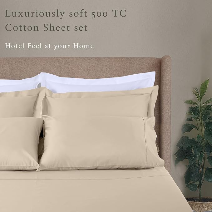 Threadmill 100% Cotton Sheets Deep Pocket/Soft/Fade Resistance, 500 Thread Count, Solid 4-Piece Full Size Bed Sheet Set (1 Flat, 1 Fitted Sheet, 2 Pillow Covers), Beige