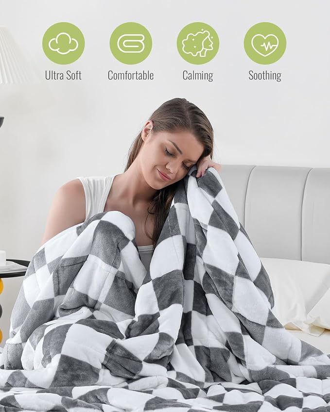 Uttermara Weighted Blanket Queen Size(15lbs, 60" x 80", Plaid Grey), Double Side Premium Soft Flannel Fleece Weighted Throw Blanket, Reversible Checkerboard Print Heavy Blanket for Adults Couch Bed
