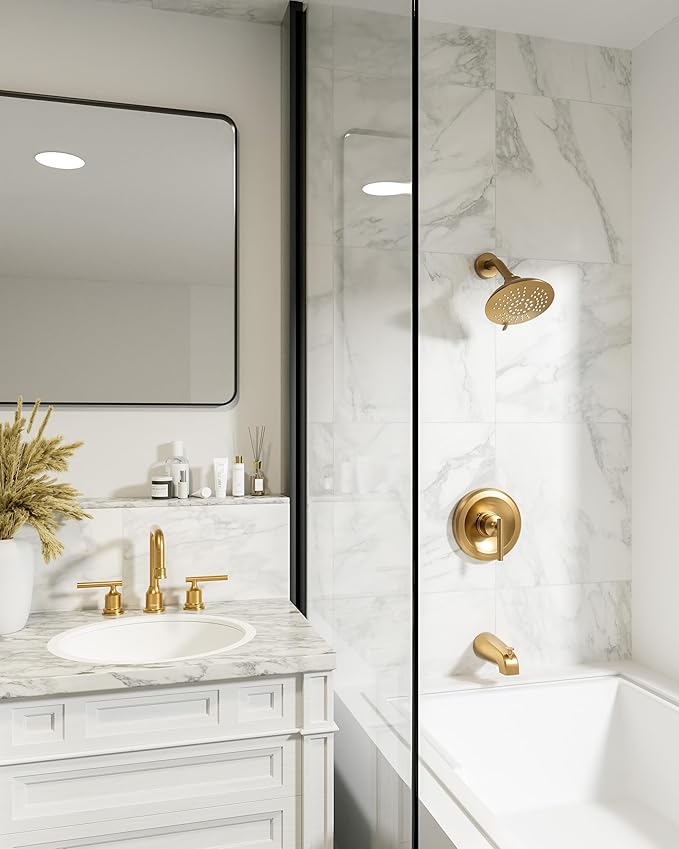 WOWOW Brushed Gold Bathroom Faucet Widespread Bathroom Sink Faucet 2 Handle Lavatory Tap 3 Holes with Drain and Supply Hoses Mordern Basin Taps