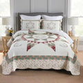 Cotton Bedspread Quilt Bedding Sets, 3 Pieces Reversible Coverlets Comforters Star with Green Floral Real Patchwork Bedspread, King Size