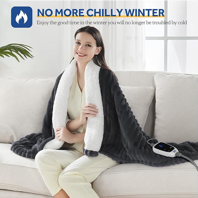SEALY Electric Blanket Heated Throw, Soft Flannel to Sherpa Reversible Safe Heating with 6 Heat Settings & 2-10 Hours Auto Shut - Off Overheat Protection, Machine Washable, 50" x 60" Charcoal