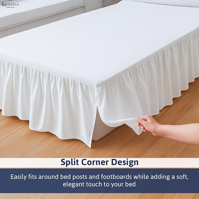 KRISHNA Ruffled Bed Skirt with Split Corners Queen, 100% Microfiber Hotel Quality, 24 Inch Drop Dust Ruffle Gathered Bedskirt with Platform, 60" x 80", White