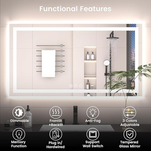 55X30 LED Bathroom Mirror with Lights, Anti-Fog, Backlit + Front Lit, Lighted Bathroom Vanity Mirror for Wall, Memory Function, Dimmable, Tempered Glass, Shatter-Proof, ETL Listed