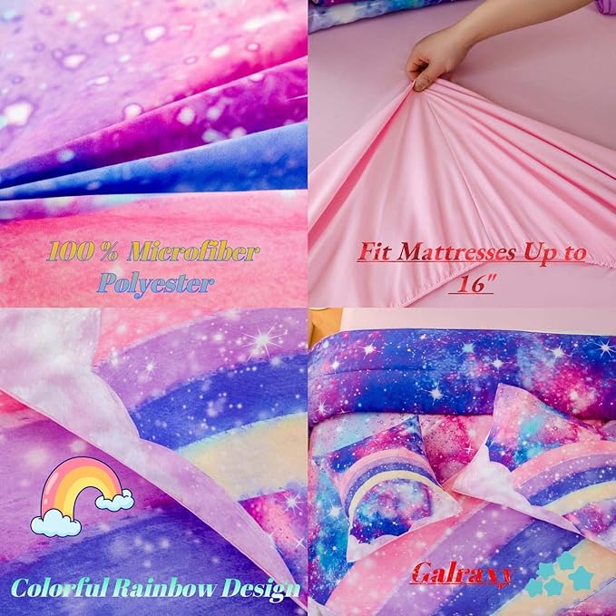 ANGIYUIN 6Pcs Rainbow Queen Size Comforter Set for Girls 3D Pastel Tie Dye Pink Comforter Bedding Set Soft Lightweight Bed in a Bag with Sheet Sets
