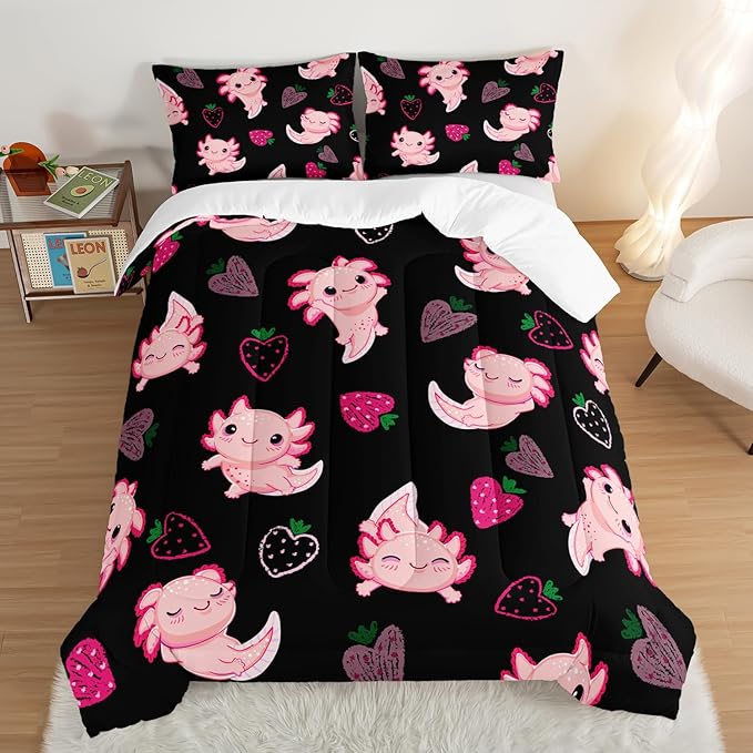 Cute Axolotl Bedding Set Queen Size,Pink Axolotl Strawberry Printed Comforter Sets Aesthetic Bedding for Kids Girls,Beach Coastal Animal Themed Comforter Sets with 2 Pillowcases.