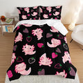 Cute Axolotl Bedding Set Queen Size,Pink Axolotl Strawberry Printed Comforter Sets Aesthetic Bedding for Kids Girls,Beach Coastal Animal Themed Comforter Sets with 2 Pillowcases.
