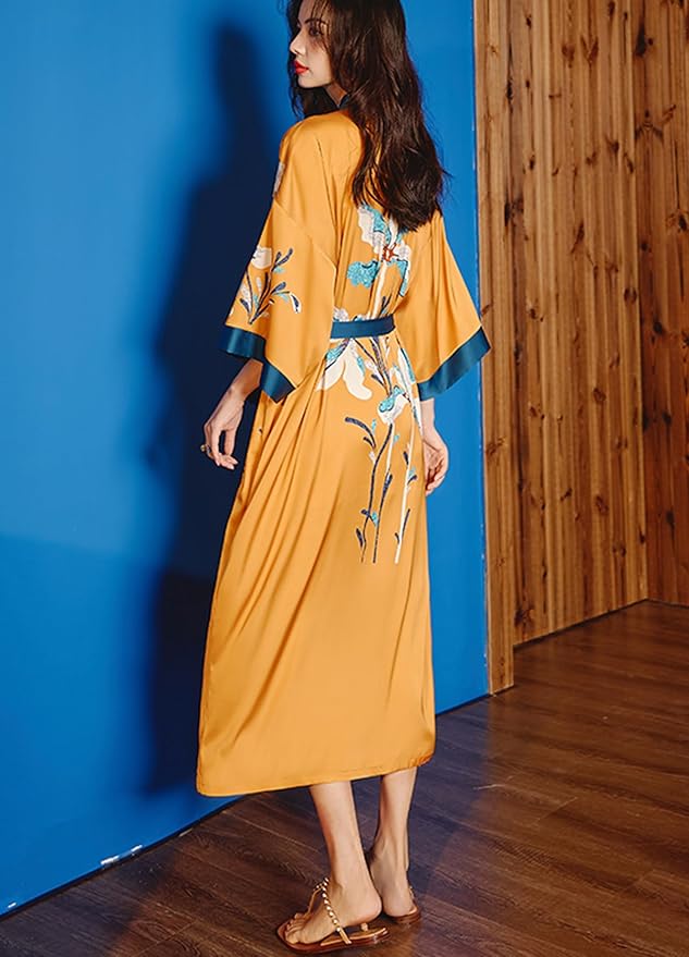 Silk Satin Robe for Women Long Japanese Kimono Robe Lightweight Soft Bathrobe Floral Luxury Dressing Gown