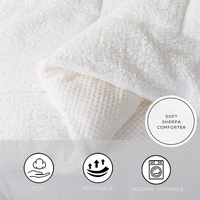 KASENTEX Luxury Plush Sherpa Comforter, Ultra Soft Cozy Reversible Faux Fur Machine Washable Bedding, Bright White, Twin/Twin XL Size