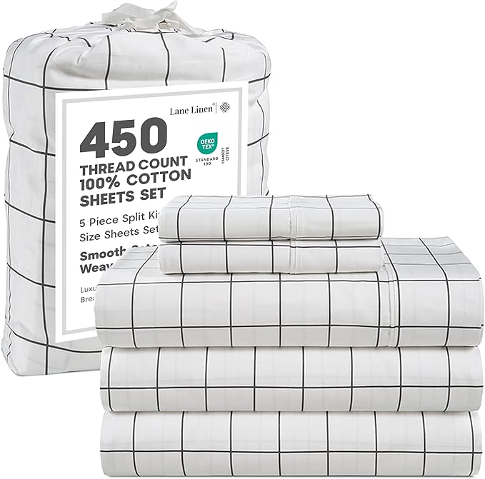 Lane Linen Split King Sheets Sets for Adjustable Bed – 450 Thread Count 100% Cotton Bedsheets, Sateen Sheets, 15” Deep Pocket Fully Elasticized Fitted Sheet, Luxury Sheet & Pillowcase Sets, Windowpane