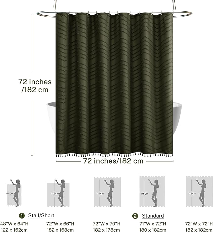 Boho Shower Curtain with Tassel Woven Fabric Olive Green Shower Curtain 72 x 72 Modern Farmhouse Textured Tufted Chevron Striped Minimalist Bathroom Shower Curtains
