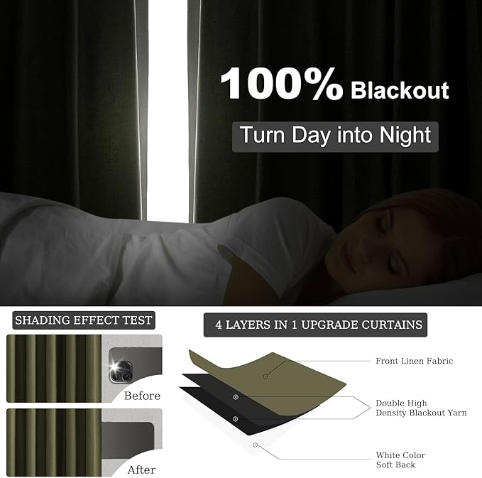 Topfinel 90 Inches Long Olive Green Curtains for Bedroom,Linen Pinch Pleat Light Blocking Forest Green Curtains, Room Darkening Modern Spring Hunter Green Moody Drapes 2 Panels Set with Hooks Rings