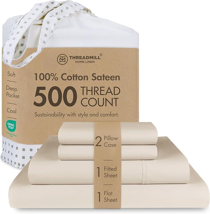 Threadmill 100% Cotton Sheets Deep Pocket/Soft/Fade Resistance, 500 Thread Count, Solid 4-Piece Full Size Bed Sheet Set (1 Flat, 1 Fitted Sheet, 2 Pillow Covers), Beige