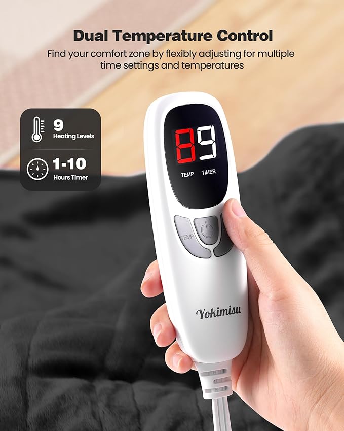 Electric Blanket King- Heated Blanket Super Soft, Dual Control & 9 Heat Settings Heating, 10 Hours Auto Off, Soft Flannel to Sherpa, Fast Heating Electric Throw, Machine Washable, 90" x 100''- Black