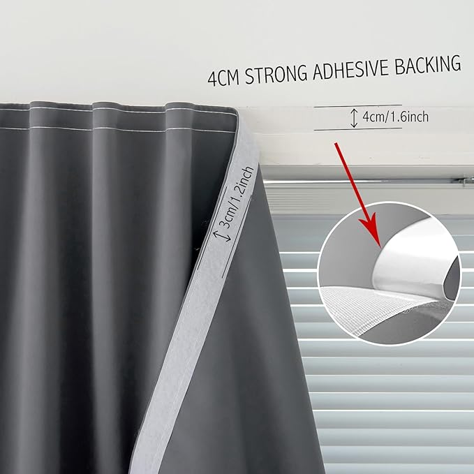 Magic Tape Blackout Curtains for Bedroom No Drillng Self Adhesive Curtains No Rod Small Window, 47" W X 84" L, Grey, 1 Panel