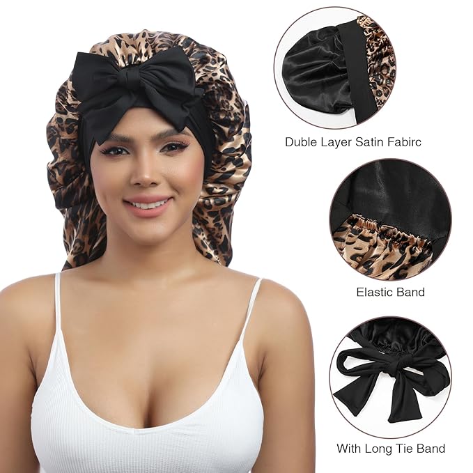 AWAYTR Long Satin Bonnet for Women - Double Layer Elastic Silk Bonnet for Braids Hair Sleeping Cap with Tie Band (Leopard)
