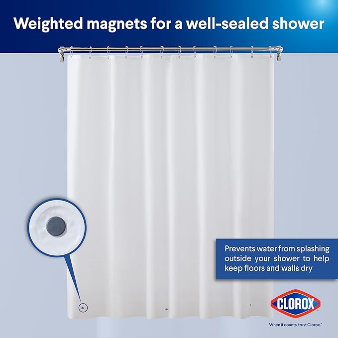 CLOROX Shower Curtain Liner, Premium Lightweight Flexible Waterproof 6g PEVA for Bathroom with Weighted Magnets, Standard Size 72" x 72", White 1 Pack