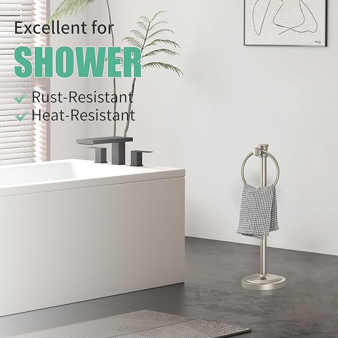 Hoimpro 17 Inch Stand Hand Towel Holder Towel Bar Towel Hanging Ring, Free Standing Floor Hand Towel Rack Storage for Bathroom Kitchen Vanity Countertops, Hardware Accessories(Brushed Nickel)