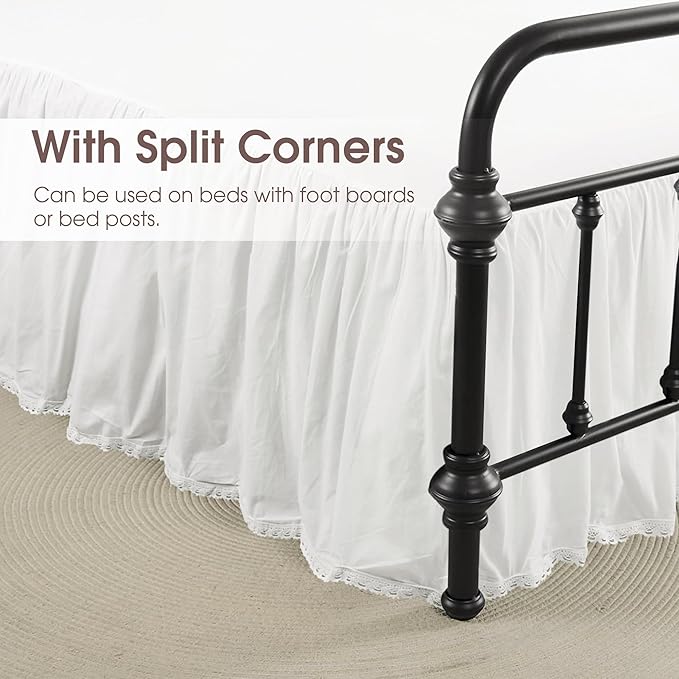 King Size 21" Drop - White Lightweight Cotton Bed Skirt with Crochet Edge - Dust Ruffle with Split Corner - Soft, Elegant, Breathable Bedding Accessory