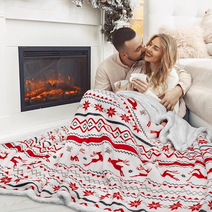 PAVILIA Premium Christmas Sherpa Throw Blanket | Christmas Decoration Gift, Fleece, Plush, Warm, Cozy Reversible Microfiber Holiday Blanket | White Reindeer - 50x60
