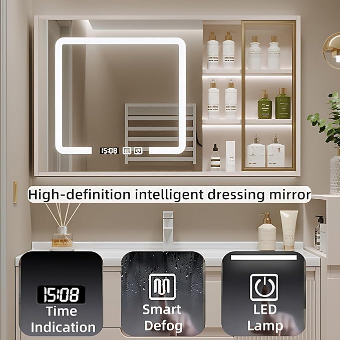 Cream Grey Sophisticated Bathroom Vanity - Bathroom Vanity with Smart Storage & Mirror Cabinet, Defogging, LED Light | Wall-Mounted Bathroom Storage Cabinet & Bathroom Vanity with Sink (Grey, 44IN)