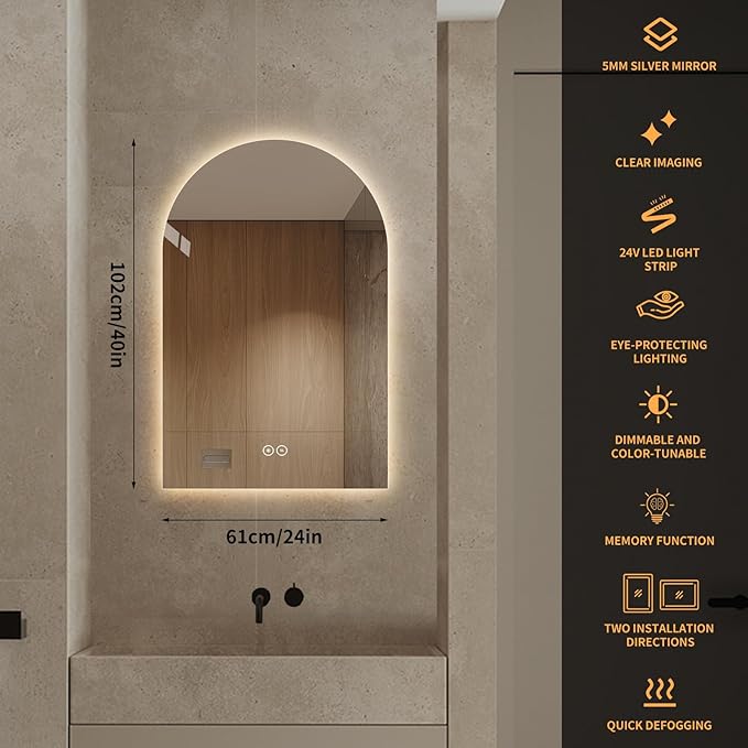 Arched Shaped LED Bathroom Mirror with dimming Lighting, 24V, 3 Color temperatures, defogger, 5MM Silver Glass (40" L x 24" W)