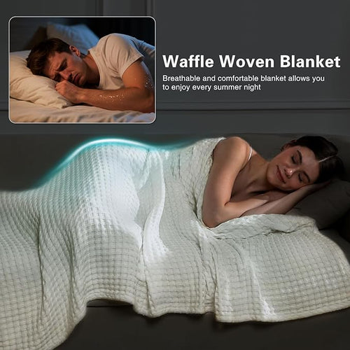 Aganear Waffle Blanket - Lightweight Breathable Summer Blanket of 50% Cotton and 50% Rayon Derived from Bamboo for Hot Sleepers Luxury Throws for Bed, Couch and Sofa,White,104x90 Inches