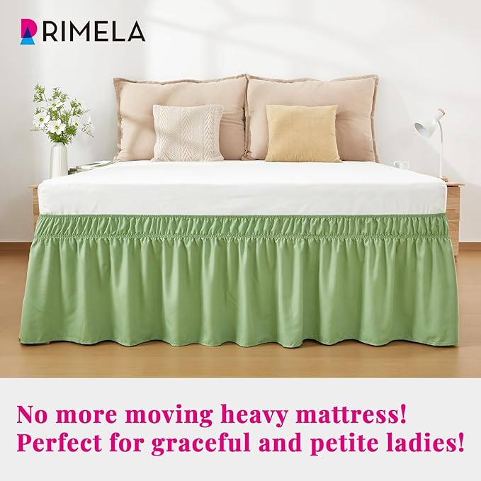 RIMELA Light Green Bed Skirt King Size 15 Inch Drop, Elastic Bed Skirting for Bed Base and Frame, Bedding Dust Ruffle Easy to Install, Lightweight Wrap Around Adjustable Bedskirt