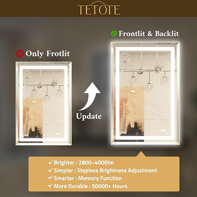 TETOTE 42 x 36 Led Mirror Brushed Bright Nickel Metal Frame Frontlit & Backlit Vanity Mirror Anti-Fog Stepless Dimmable 3 Colors White/Warm/Natural Wall Mirror with Lights Wall-Mounted