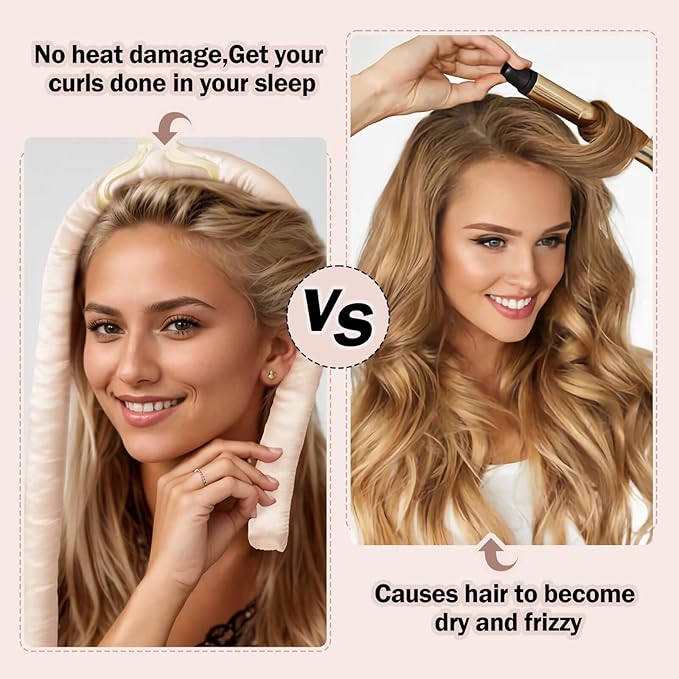 Heatless Hair Curler,Blowout Heatless Curls Overnight,No Heat Curling Rod Set with Satin Bonnet for Sleep in,Cream