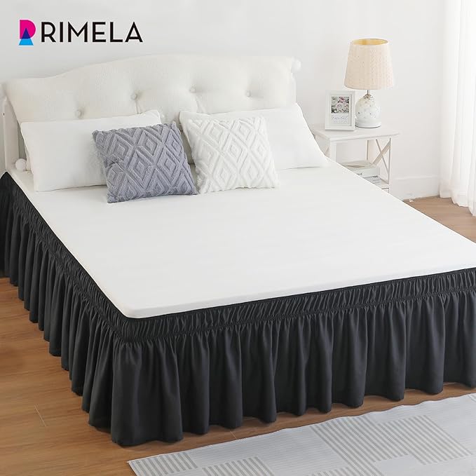 RIMELA Black King Size Bed Skirt 12 Inch Drop, Elastic Bed Skirts Cal King Dust Ruffle, Black Bedskirt for Adjustable Bed Base Solid Fade Resistant Silky Fabric Machine Washable Easy to Install