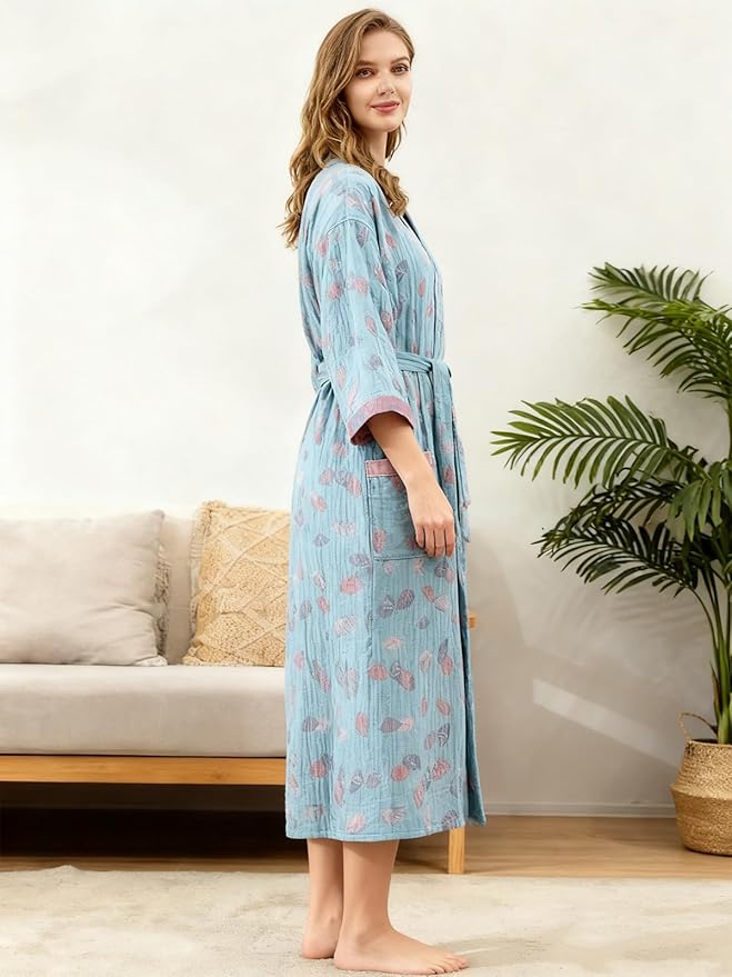 Women Cotton Double Gauze Jacquard Kimono Robe Bathrobe with Belt Pocket Comfortable Loungewear Yukata Sleepwear