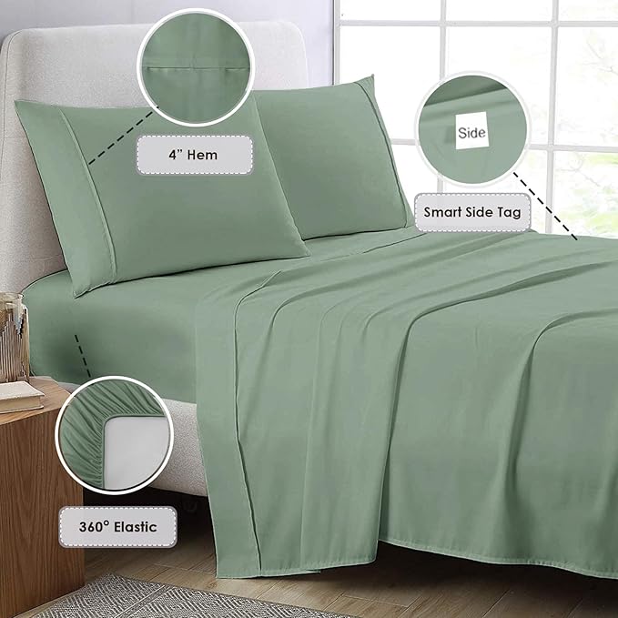 Pizuna Pure 100% Cotton Sheets Full Size, 800 Thread Count Long Staple Cotton Crisp Sateen Sheets Full with 15inch Deep Pocket (Combed Sea Foam Cotton Sheets Full)