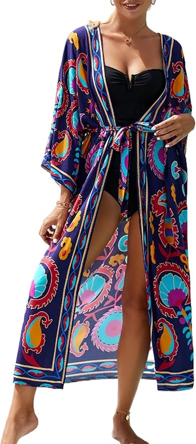 Women Casual Open Front Lightweight Cardigan Long Beach Kimono Cover Up