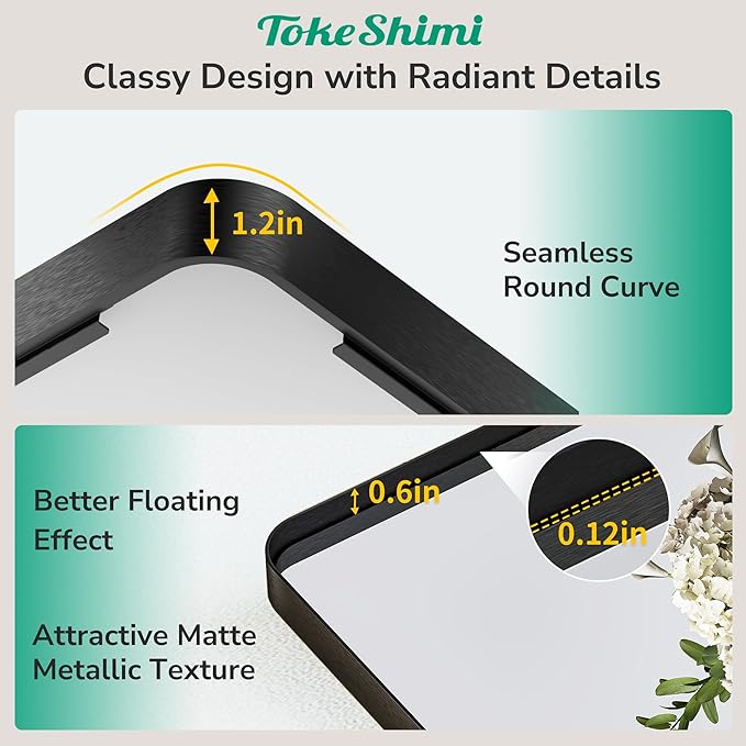 TokeShimi 24x36 Black Bathroom Mirror,Wall Mirror for Bathroom with Tempered Glass,Matte Black Bathroom Vanity Mirror for Over Sink,Seamless Aluminum Framed Mirror(Horizontal/Vertical)