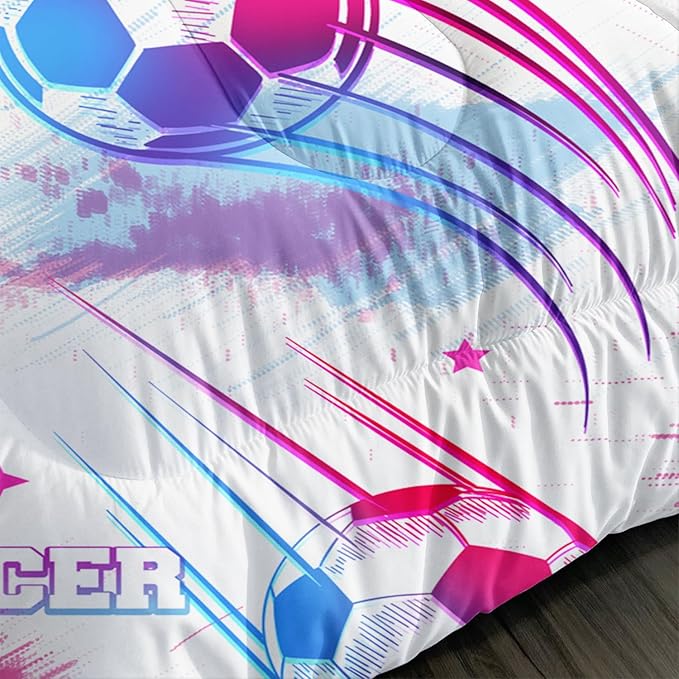 Ball Games Bedding Football Queen Comforter Set,Pink and Blue Soccers Stars Bedding Set for Kids Girls Boys Room Decor,Sports on The Court Aesthetic Bedding Sets with 2 Pillowcases.