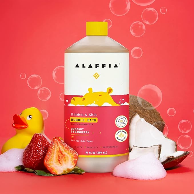 Alaffia Babies and Kids Bubble Bath, Gentle Baby Essentials for Delicate Skin, Cleansing & Calming Bubbles, Plant Based Formula, Vegan, Coconut Strawberry (2 Pack - 32 Fl Oz Ea)