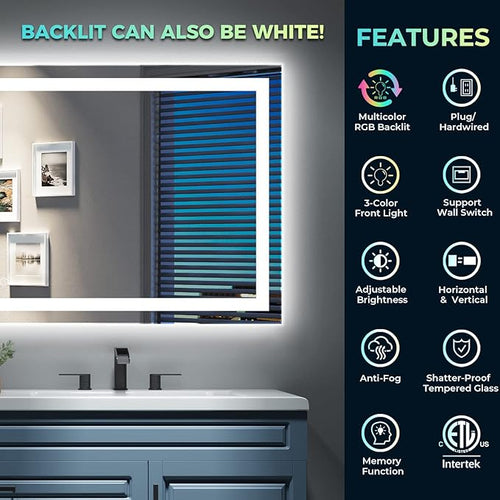 60x36 Inch RGB LED Bathroom Mirror Front Light and RGB Backlit Lighted Vanity Mirror for Bathroom Wall Mounted Dimmable Anti Fog Memory Shatter-Proof IP54 Waterproof Horizontal/Vertical
