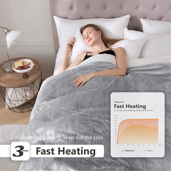 Wapaneus Heated Blanket Electric Throw 62" x 84" Twin Size with 10 Heat Levels and 12 Hours time Settings, Flannel Fast-Heating, ETL Listed, Machine Washable,Light Grey