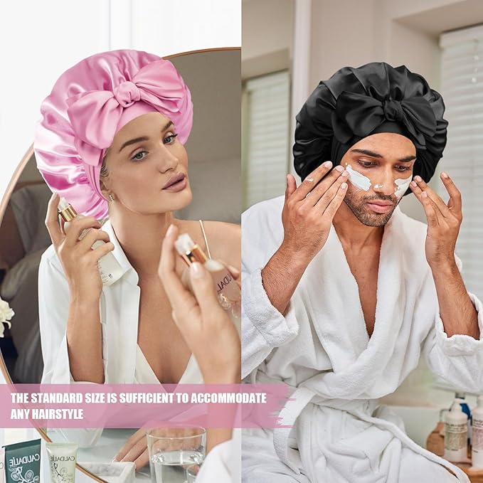 Silk Bonnet for Sleeping Women, Adjustable Soft Satin Lined Bonnet with Tie Band, Double Layer Sleep Night Cap