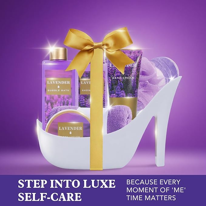 Christmas Gifts For Women, Spa Gift Basket for Women– 9 Piece Set of Lavender Home Spa Set, Bath Gift Set, with Shower Gel, Shea Butter and Body Lotion, Anniversary Basket Gifts for Mom, Wife