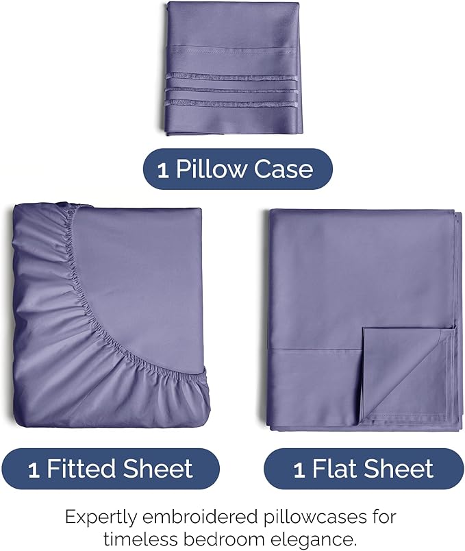 Twin Size 3 Piece Sheet Set - Extra Soft, Breathable & Cooling - Hotel Luxury Durable Bed Sheets for Women & Men - Deep Pockets, Easy-Fit & Wrinkle-Free - French Violet Oeko-Tex