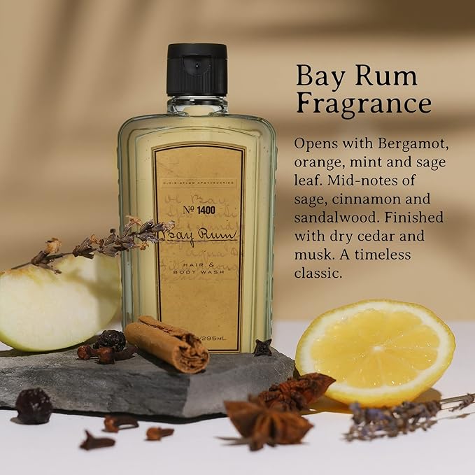 C.O. Bigelow Bay Rum Hair & Body Wash for Men, Pack of 2 Citrus Spice Scented Men's 2 in 1 Shampoo & Body Wash with Aloe Vera, 10 Fl Oz