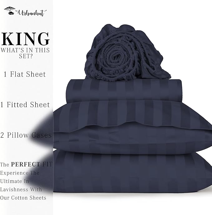 URBANHUT 1000 Thread Count Damask Striped King Sheet Set Egyptian Cotton Sheets, Long Staple Soft & Breathable, 4 Pcs Bed Sheet Sets, Luxury Hotel Sateen Sheets Fits 16" Deep Pocket - Navy Blue