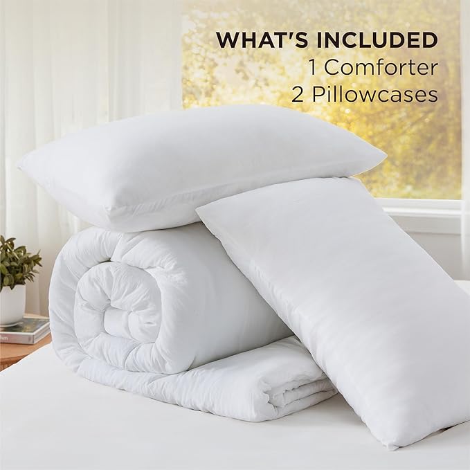Bedsure California King Size Comforter Set, White Soft Prewashed Bedding for All Seasons, 3 Pieces GentleSoft™ Down Alternative Bed Set, 1 Lightweight Comforter (104"x96") and 2 Pillowcases (20"x36")