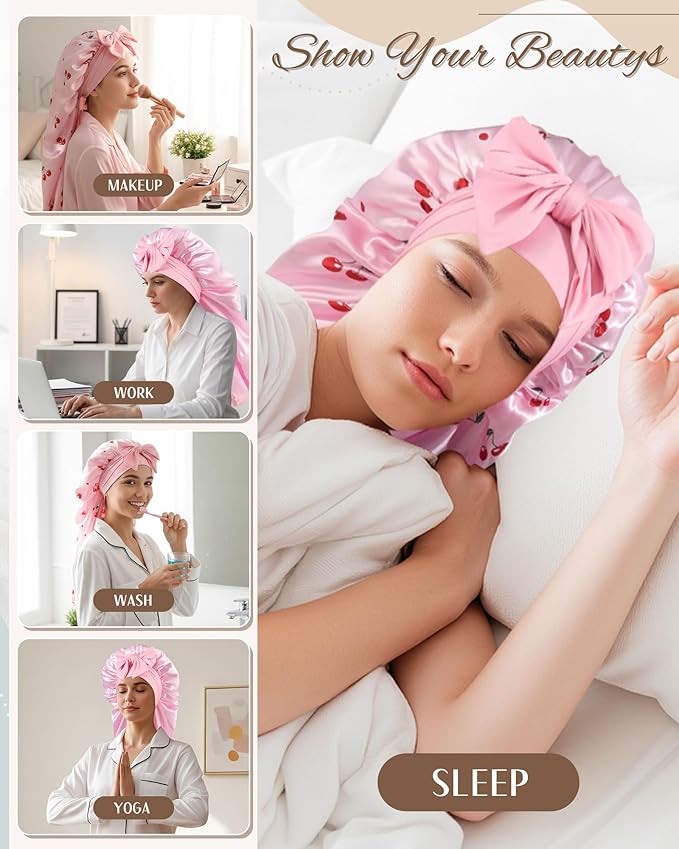 AWAYTR Long Satin Bonnet for Sleeping, Reversible Double Layer Hair Bonnet with Elastic Tie Band (Cherry Print+Pink)