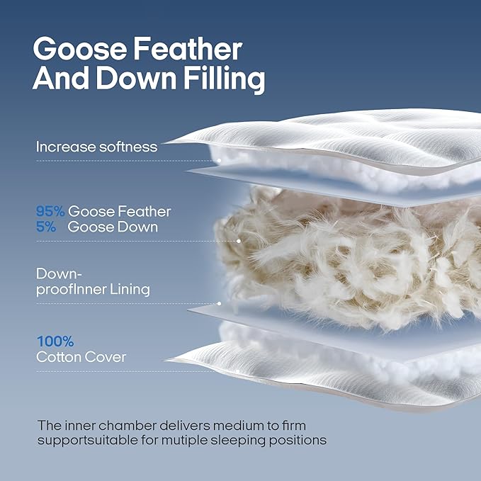 puredown® Goose Feathers and Down Pillows, Premium Medium to Firm Bed Pillows for Sleeping, Luxury Pillows with 100% Cotton Cover, 2 Pack, King Size, 20x36 Inches