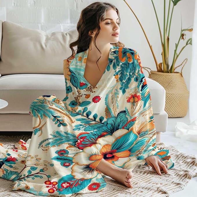 Flowers Blanket Throw, Turquoise Orange Hues Leaves Throw Blanket for Women Men, Soft Lightweight Flannel Fabric, Washable No-Pilling, 60x80 inches